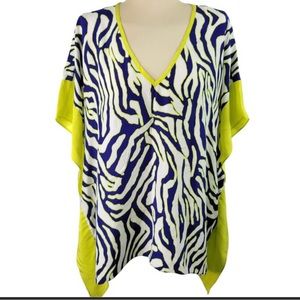ALICE & TRIXIE Silk Neon Yellow Blue Short Sleeve Tunic Blouse Top Size …